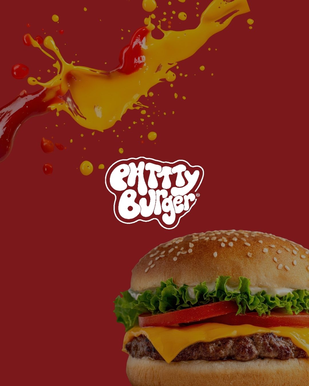 Marchio Patty Burger su fondo rosso con un hamburger